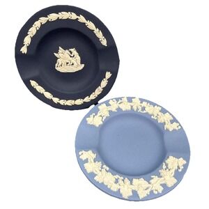Wedgwood Blue Jasperware 3.5" Small Ashtrays Light And Navy Blue - Set Of 2